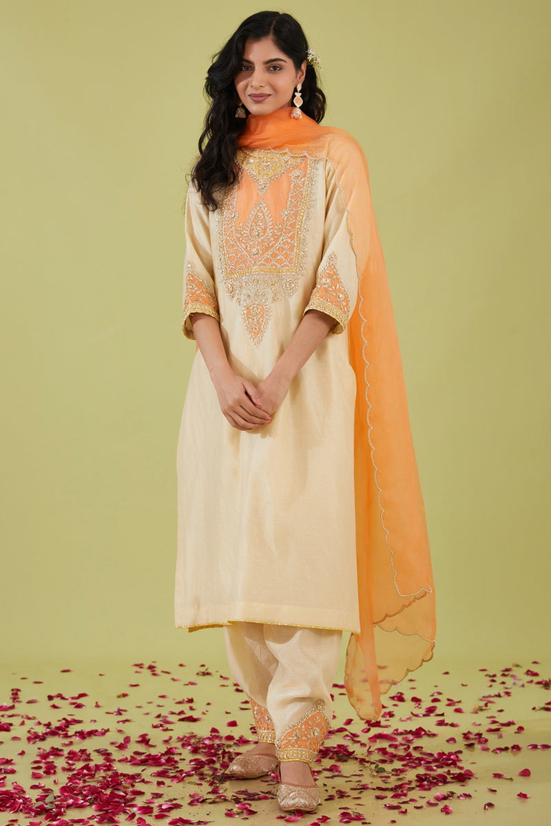 White Long Kurta With Salwar And Peach Dupatta