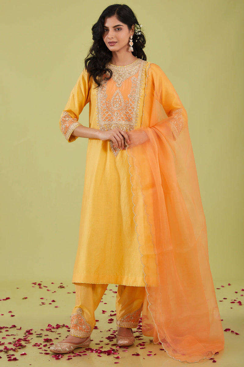 Yellow Long Kurta With Salwar And Peach Dupatta