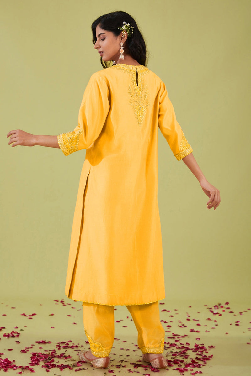 Yellow Long Kurta With Salwar And Peach Dupatta