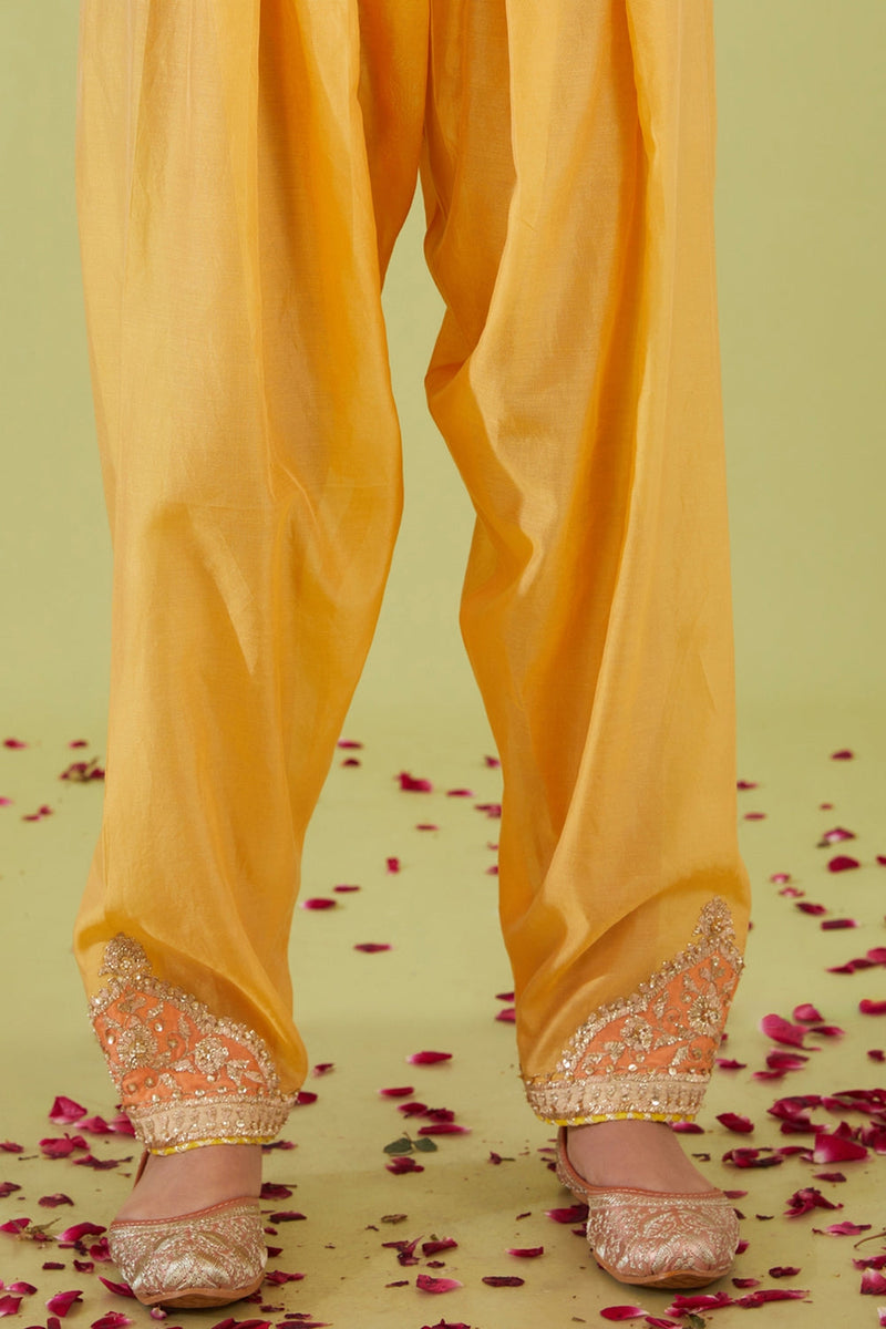 Yellow Long Kurta With Salwar And Peach Dupatta