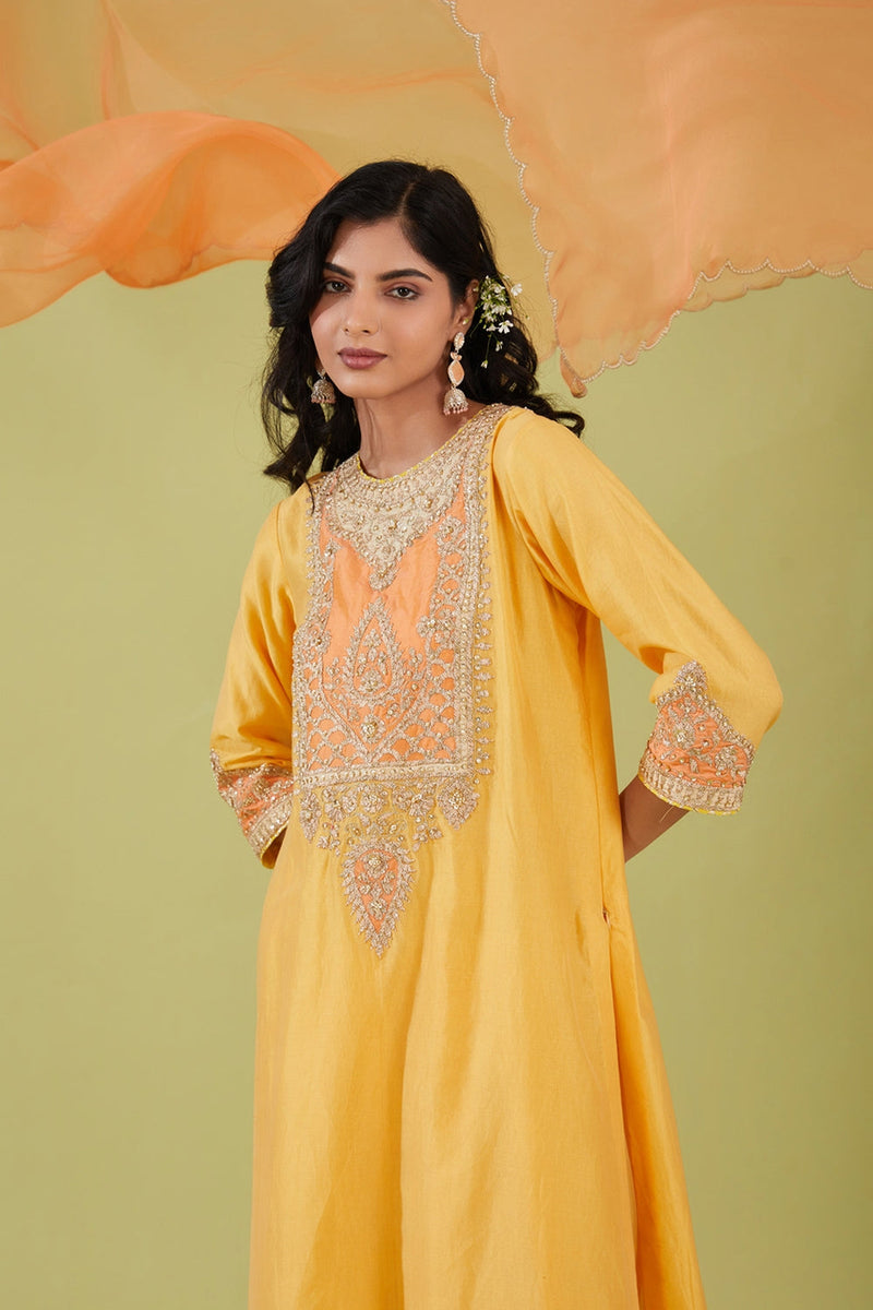 Yellow Long Kurta With Salwar And Peach Dupatta