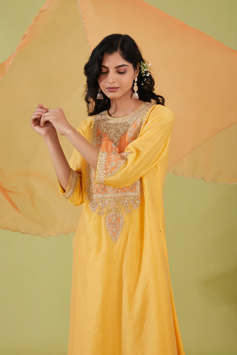 Yellow Long Kurta With Salwar And Peach Dupatta