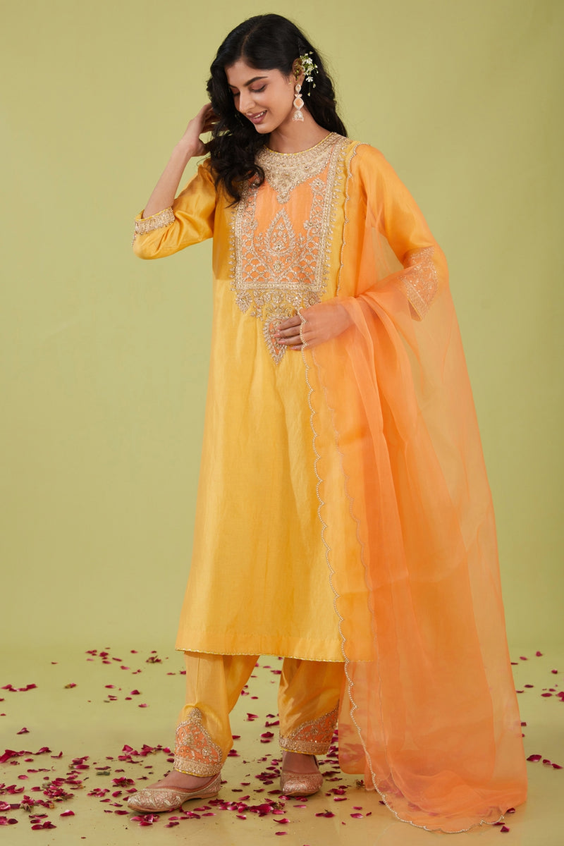 Yellow Long Kurta With Salwar And Peach Dupatta