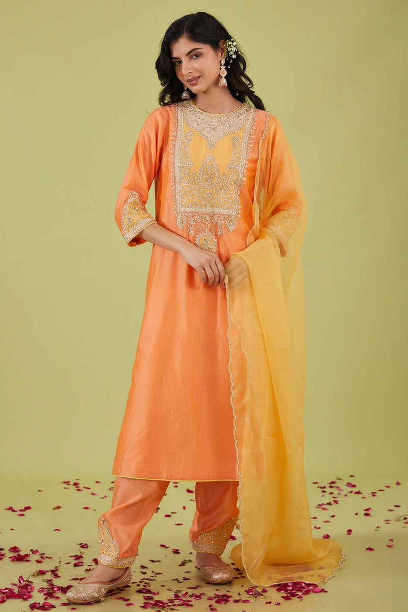 Peach Long Kurta With Salwar And Yellow Dupatta