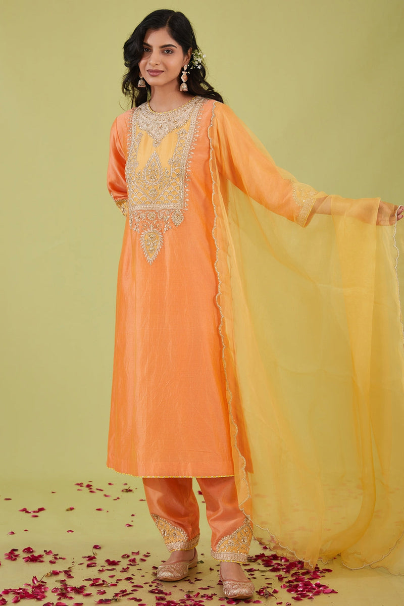 Peach Long Kurta With Salwar And Yellow Dupatta