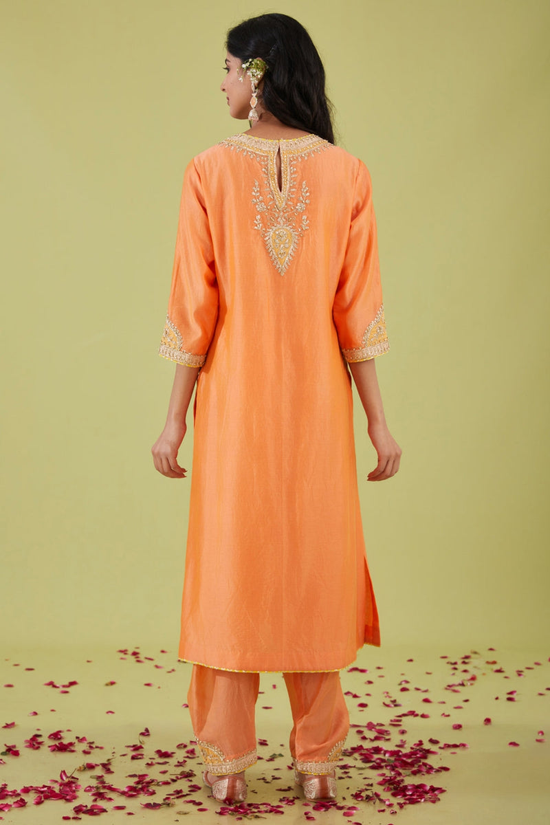 Peach Long Kurta With Salwar And Yellow Dupatta