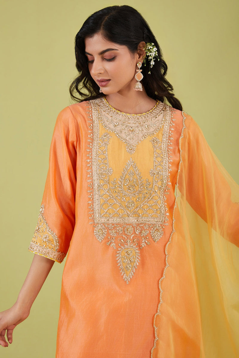 Peach Long Kurta With Salwar And Yellow Dupatta