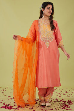 Rust Pink Long Kurta With Salwar And Orange Dupatta