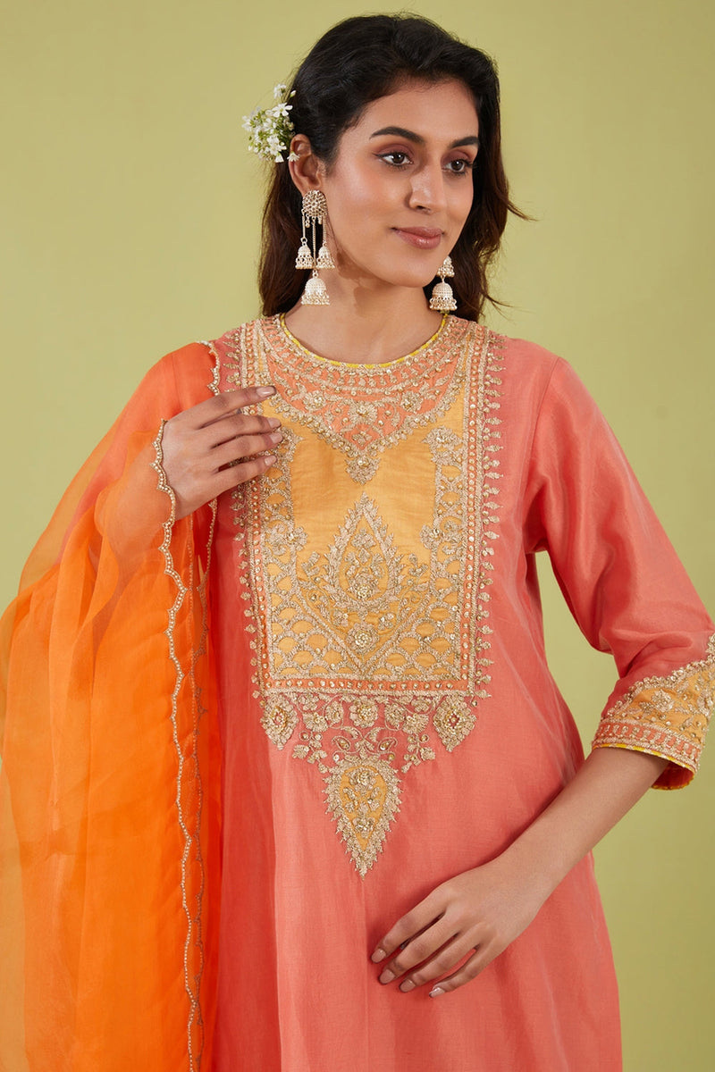 Rust Pink Long Kurta With Salwar And Orange Dupatta