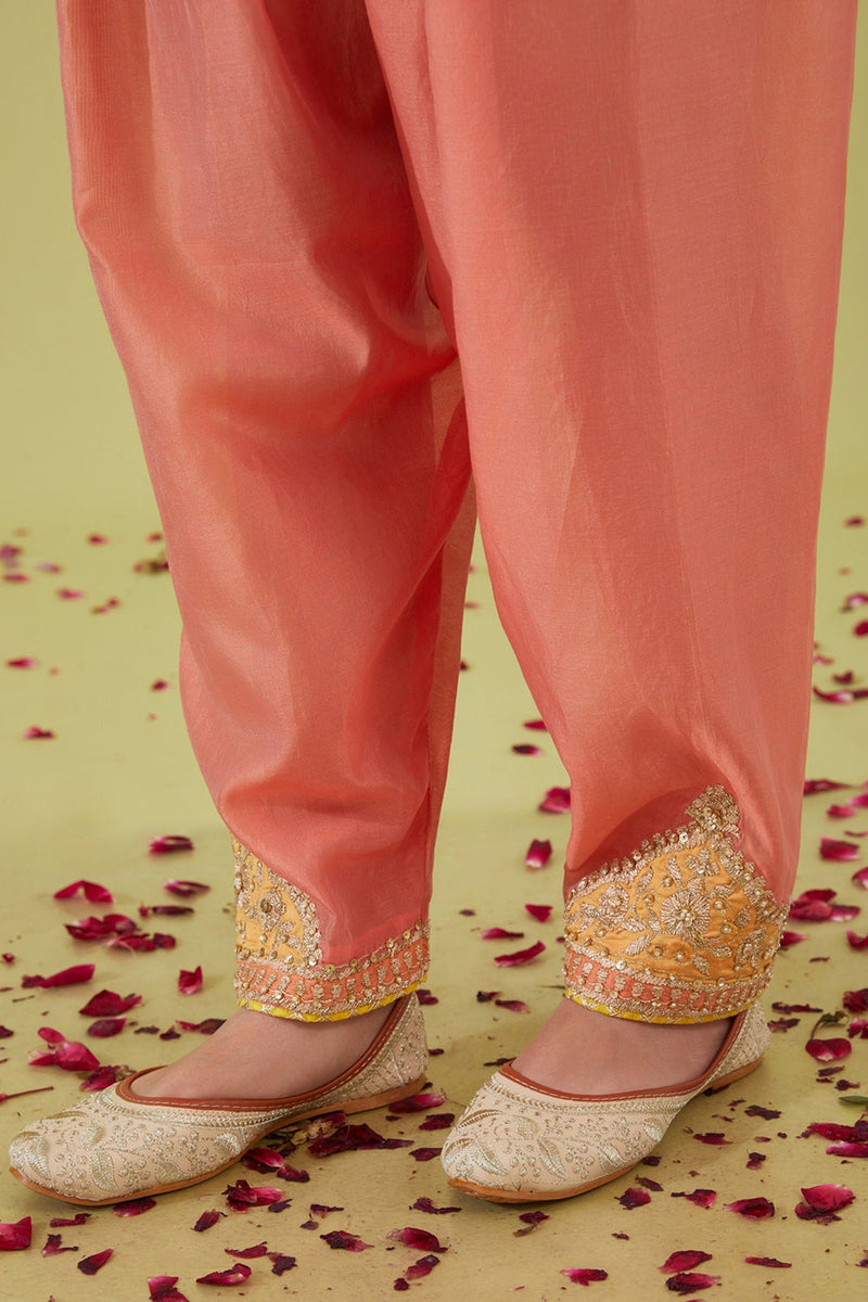 Rust Pink Long Kurta With Salwar And Orange Dupatta