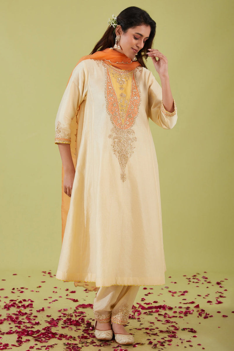 White Long Kalidar Kurta With Salwar And Peach Dupatta