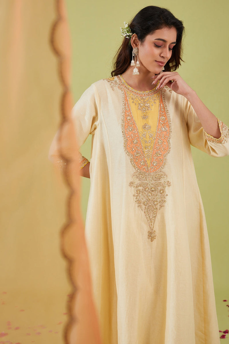 White Long Kalidar Kurta With Salwar And Peach Dupatta