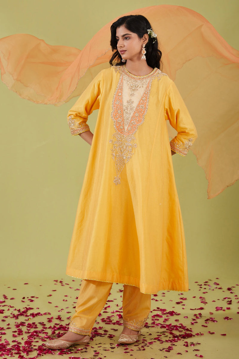 Yellow Long Kalidar Kurta With Salwar And Peach Dupatta