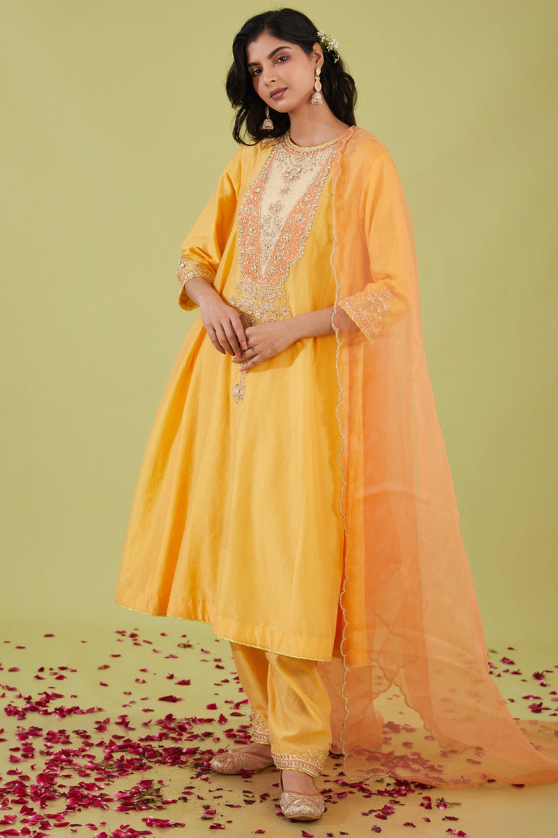 Yellow Long Kalidar Kurta With Salwar And Peach Dupatta