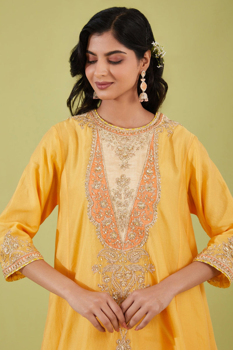 Yellow Long Kalidar Kurta With Salwar And Peach Dupatta