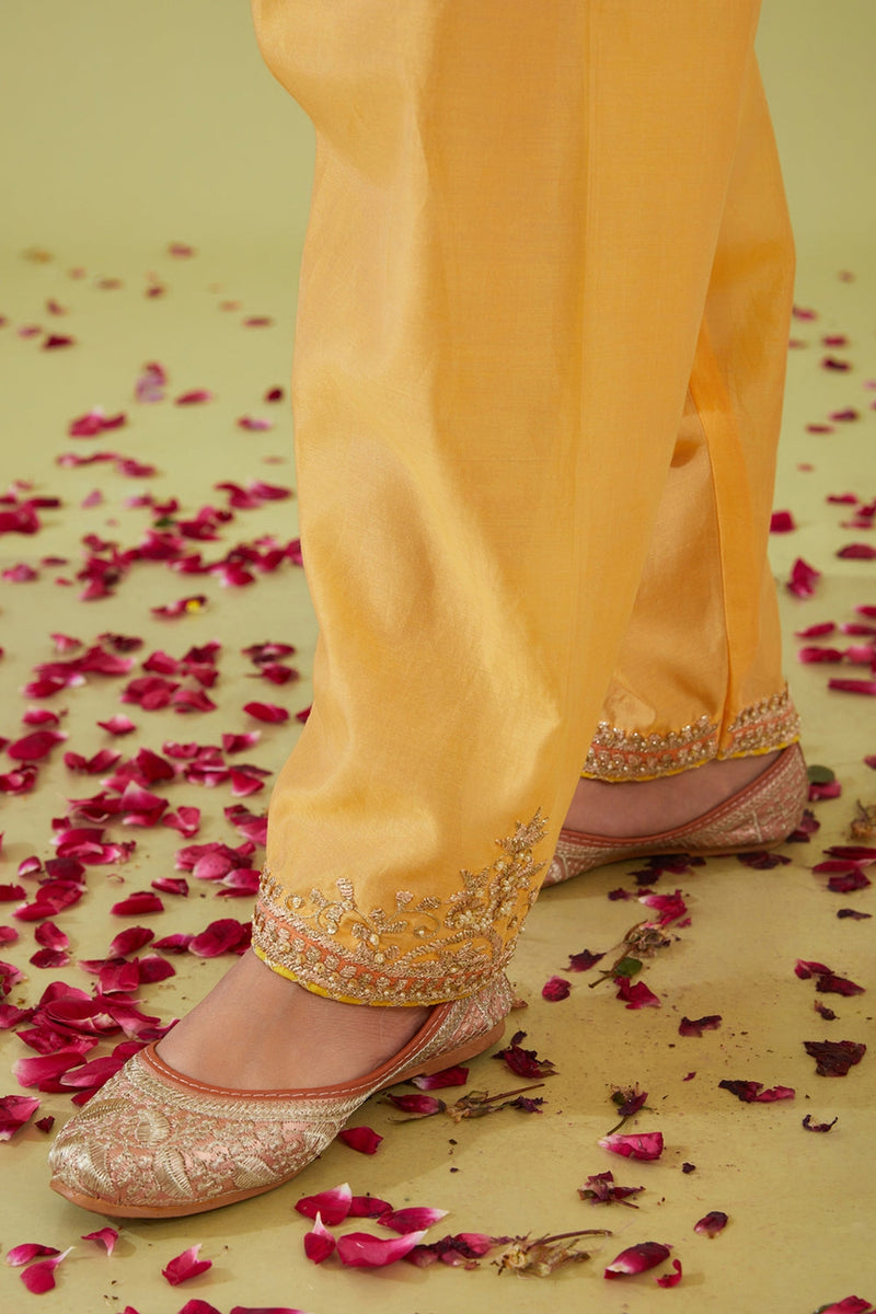 Yellow Long Kalidar Kurta With Salwar And Peach Dupatta