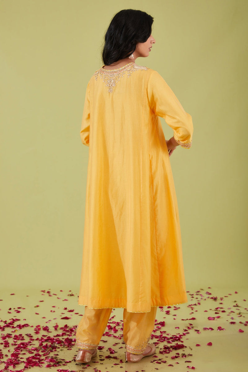 Yellow Long Kalidar Kurta With Salwar And Peach Dupatta