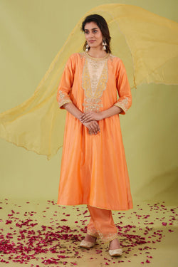 Peach Long Kalidar Kurta With Salwar And Yellow Dupatta