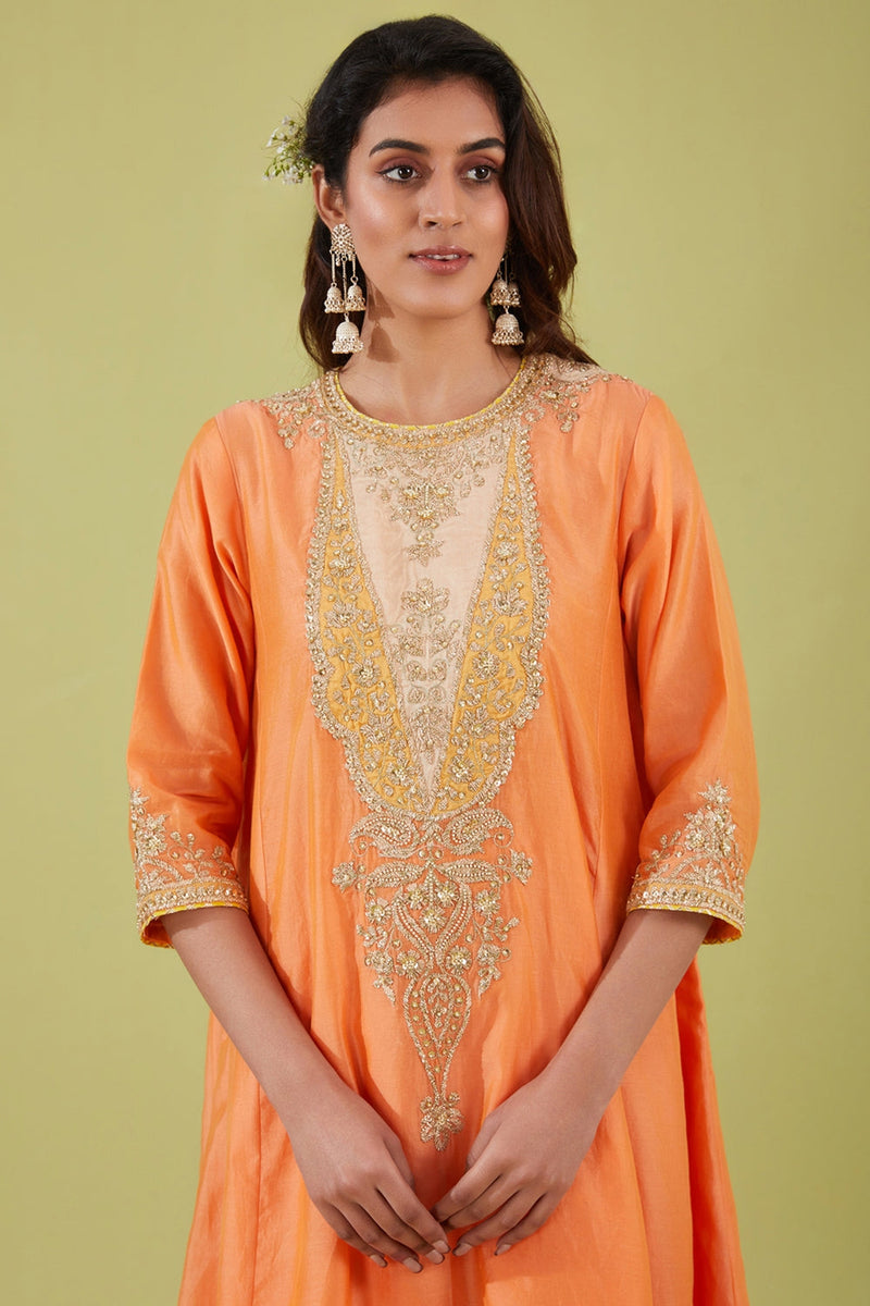 Peach Long Kalidar Kurta With Salwar And Yellow Dupatta