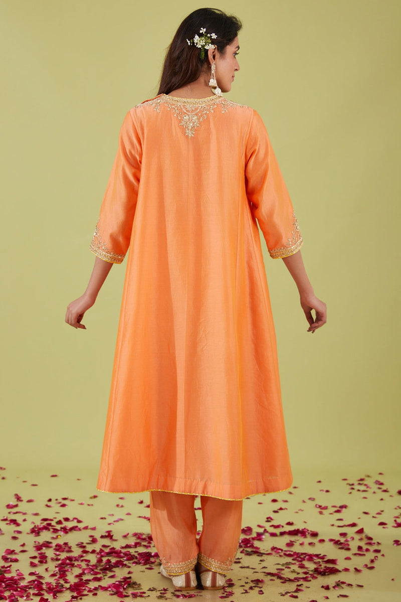 Peach Long Kalidar Kurta With Salwar And Yellow Dupatta