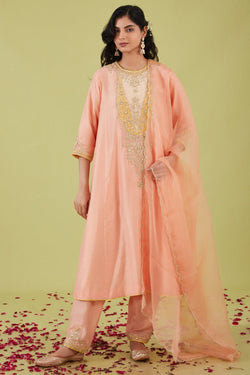 Pink Long Kalidar Kurta With Salwar And Pink Dupatta