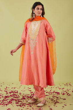 Rust Pink Long Kalidar Kurta With Salwar And Orange Dupatta