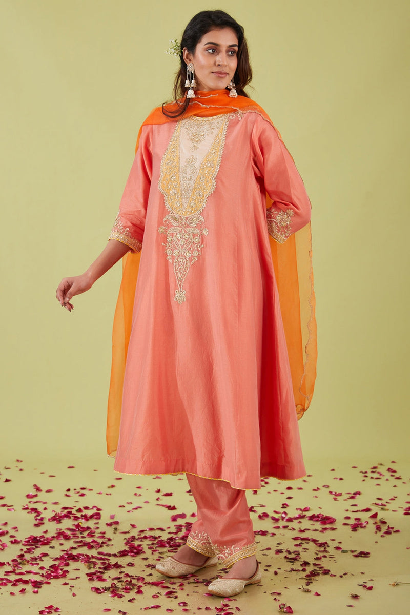 Rust Pink Long Kalidar Kurta With Salwar And Orange Dupatta