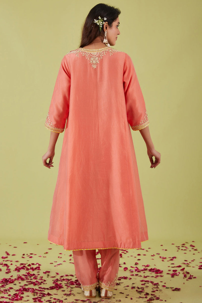 Rust Pink Long Kalidar Kurta With Salwar And Orange Dupatta