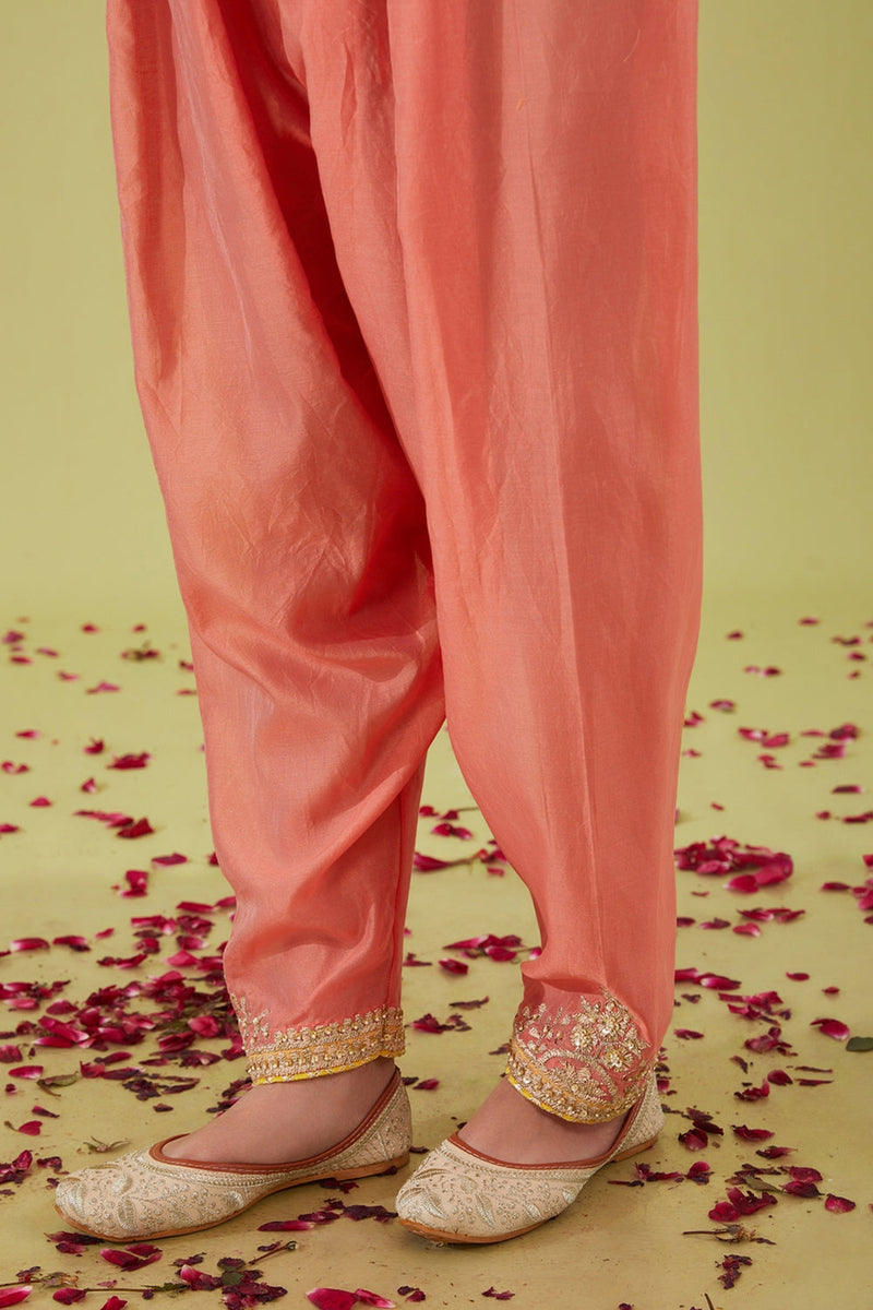 Rust Pink Long Kalidar Kurta With Salwar And Orange Dupatta