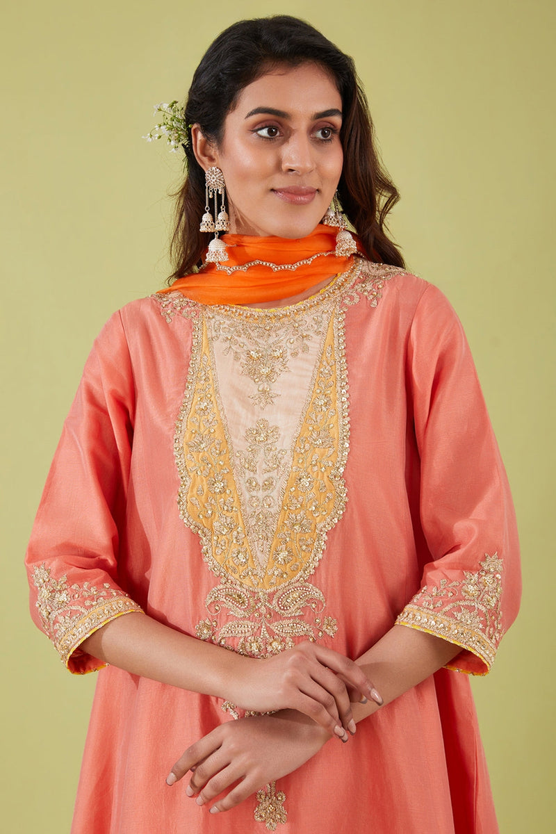 Rust Pink Long Kalidar Kurta With Salwar And Orange Dupatta