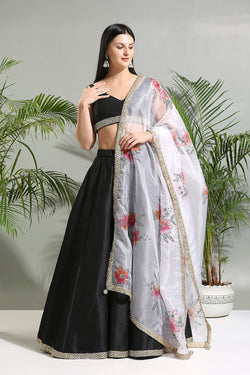 Black Raw Silk Lehenga Set With Hand Painted Dupatta