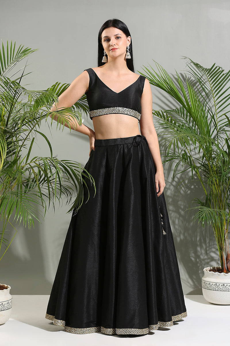 Black Raw Silk Lehenga Set With Hand Painted Dupatta