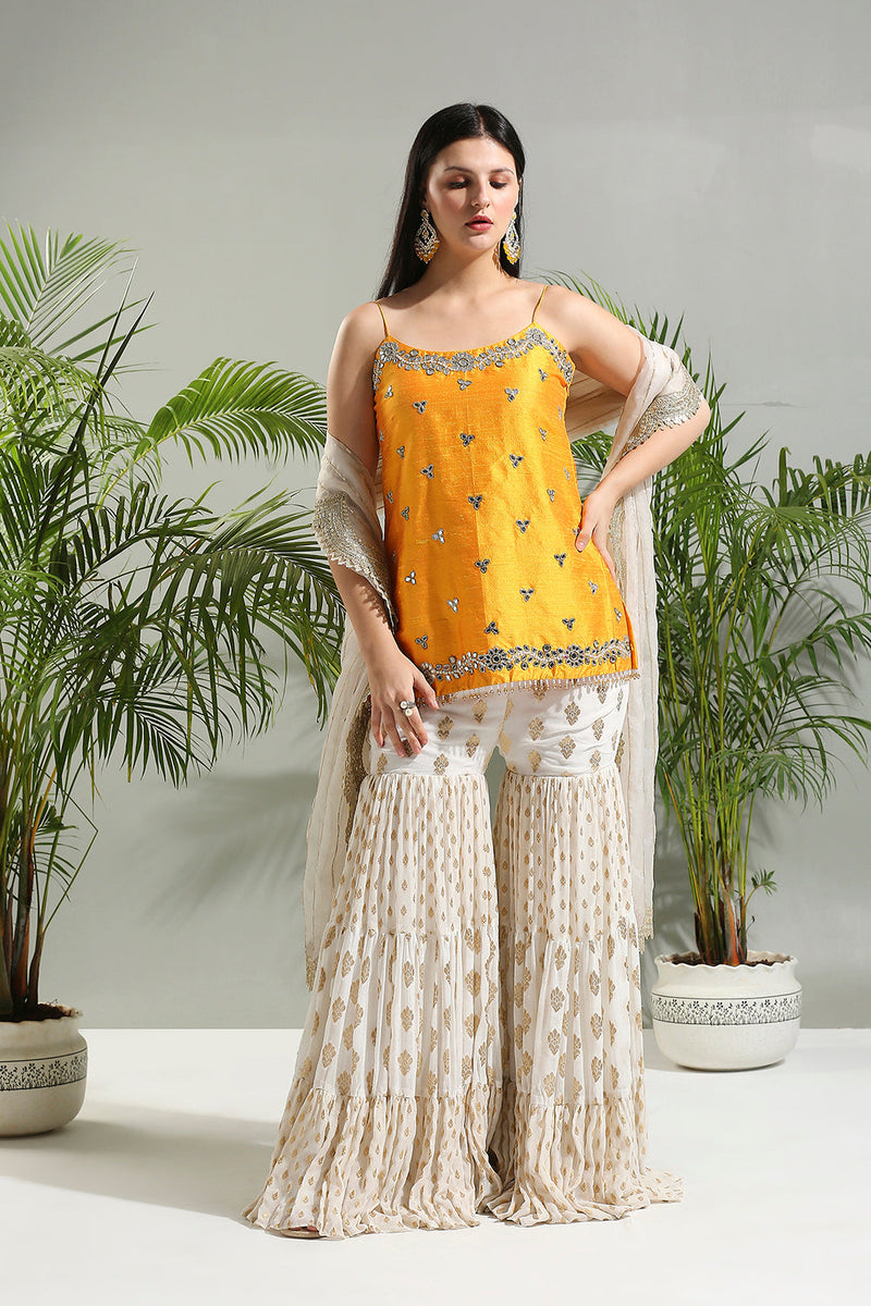 Yellow And Ivory Sharara Set