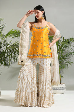 Yellow And Ivory Sharara Set