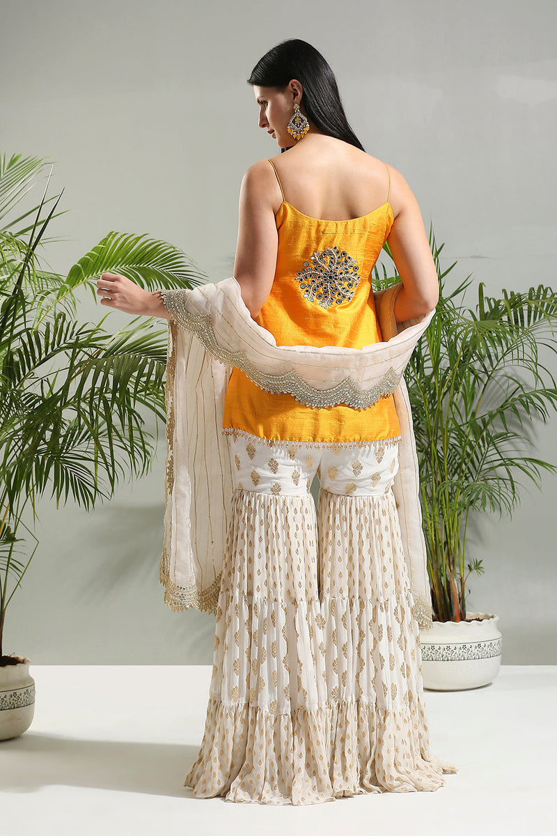 Yellow And Ivory Sharara Set