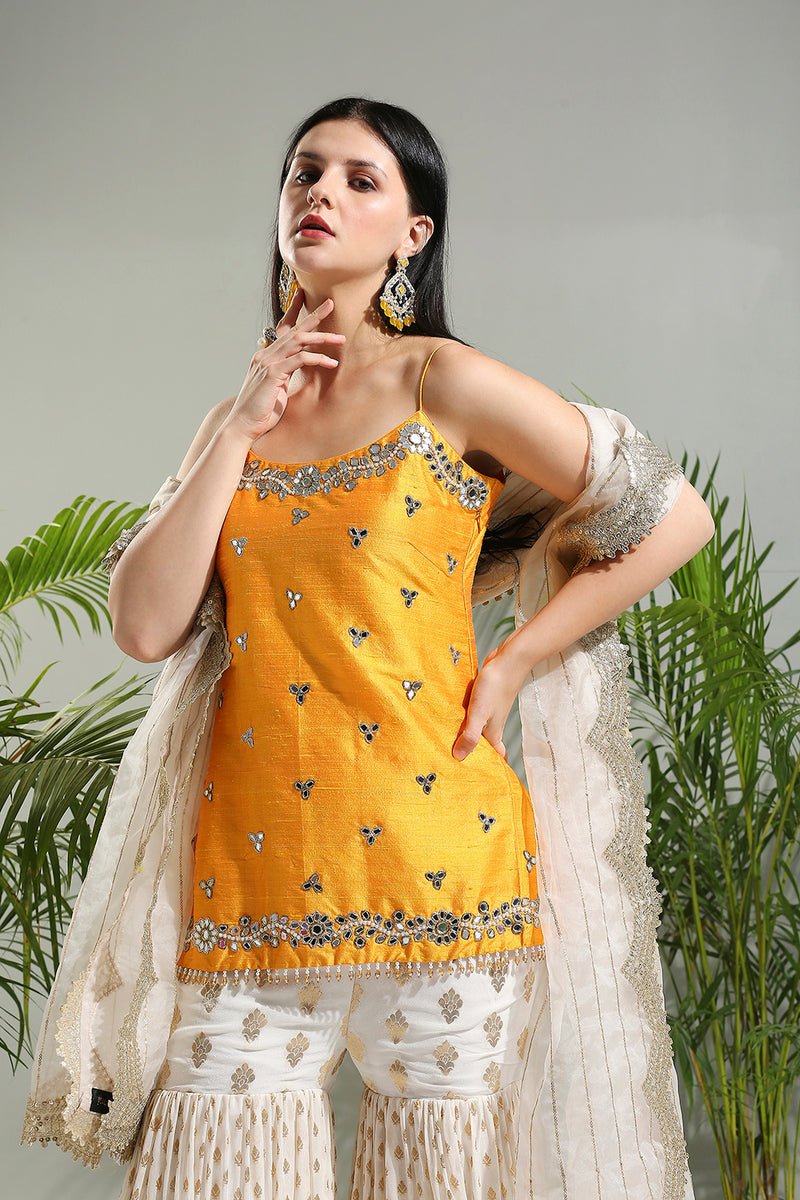 Yellow And Ivory Sharara Set