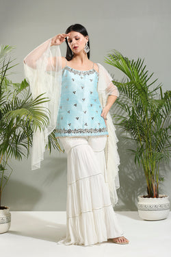 Powder Blue And Ivory Sharara Set