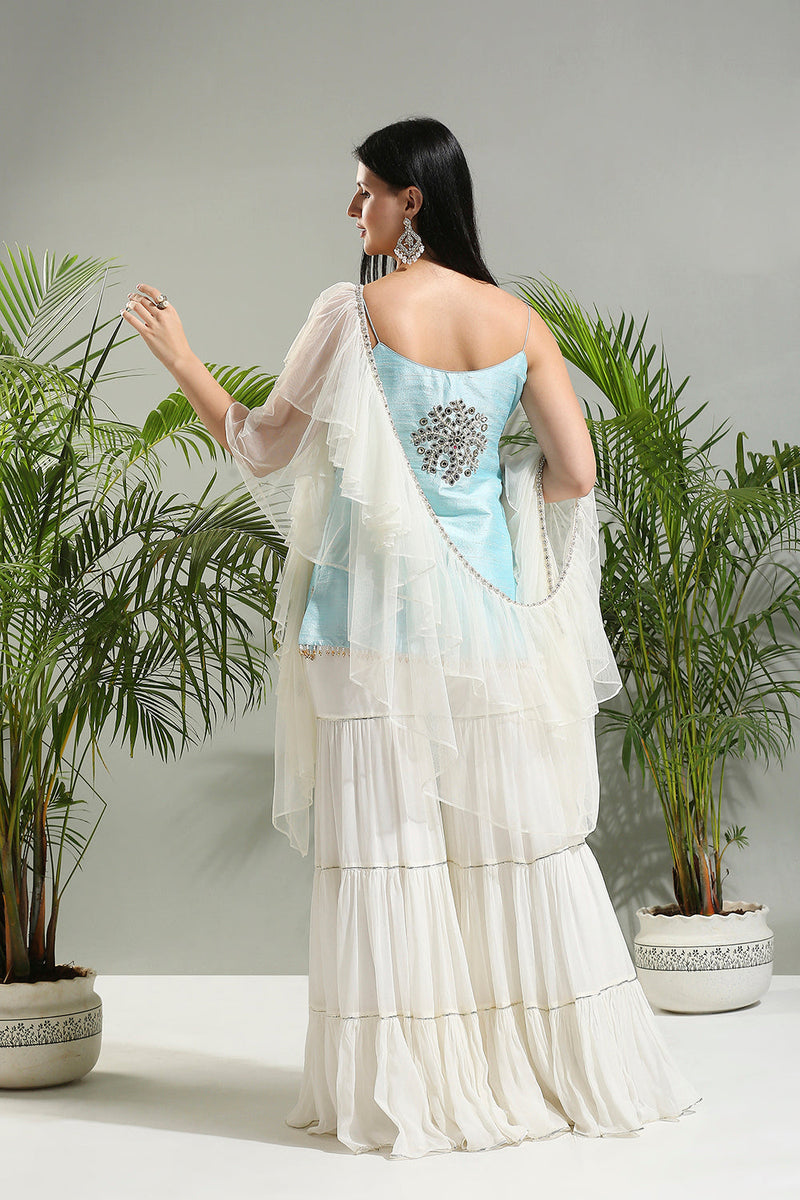 Powder Blue And Ivory Sharara Set