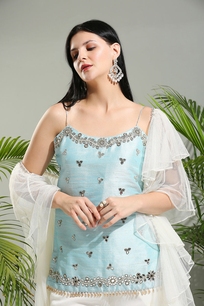 Powder Blue And Ivory Sharara Set