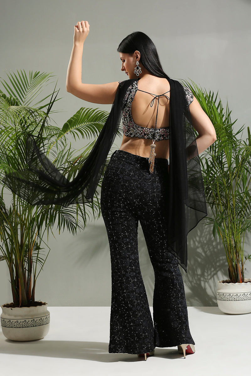 Black Thread And Mirror Hand Embroidered Palazzo Set