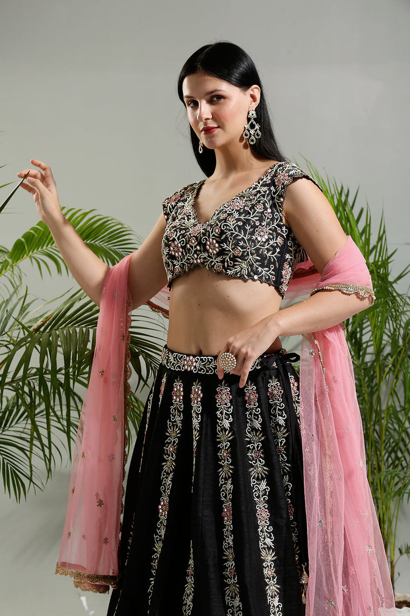 Black And Pink Thread And Mirror Hand Embroidered Lehenga Set