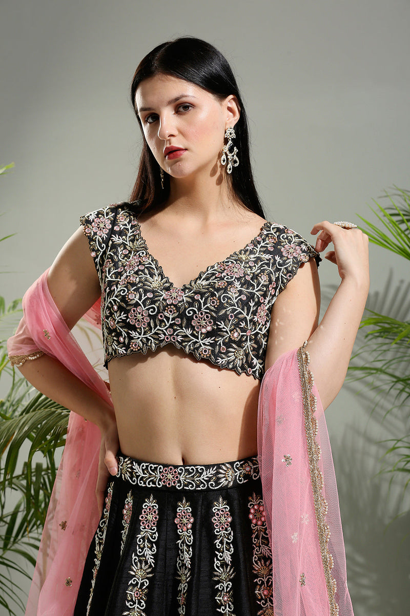 Black And Pink Thread And Mirror Hand Embroidered Lehenga Set