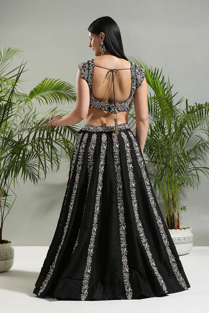 Black And Pink Thread And Mirror Hand Embroidered Lehenga Set