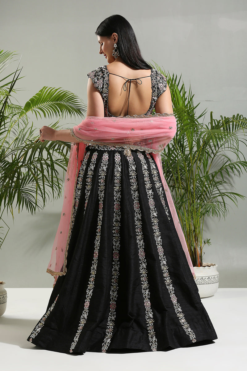 Black And Pink Thread And Mirror Hand Embroidered Lehenga Set