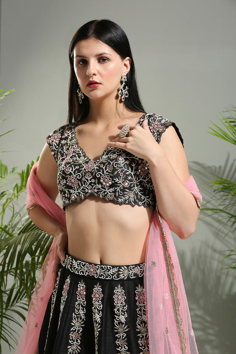 Black And Pink Thread And Mirror Hand Embroidered Lehenga Set