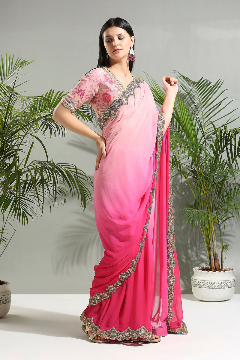 Pink Shaded Saree With Floral Blouse