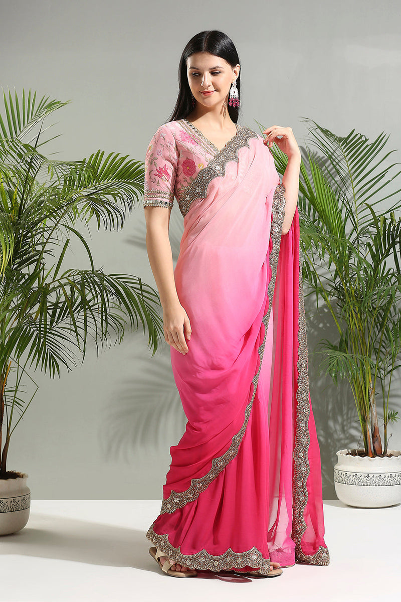 Pink Shaded Saree With Floral Blouse