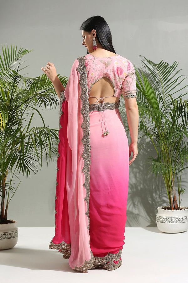 Pink Shaded Saree With Floral Blouse