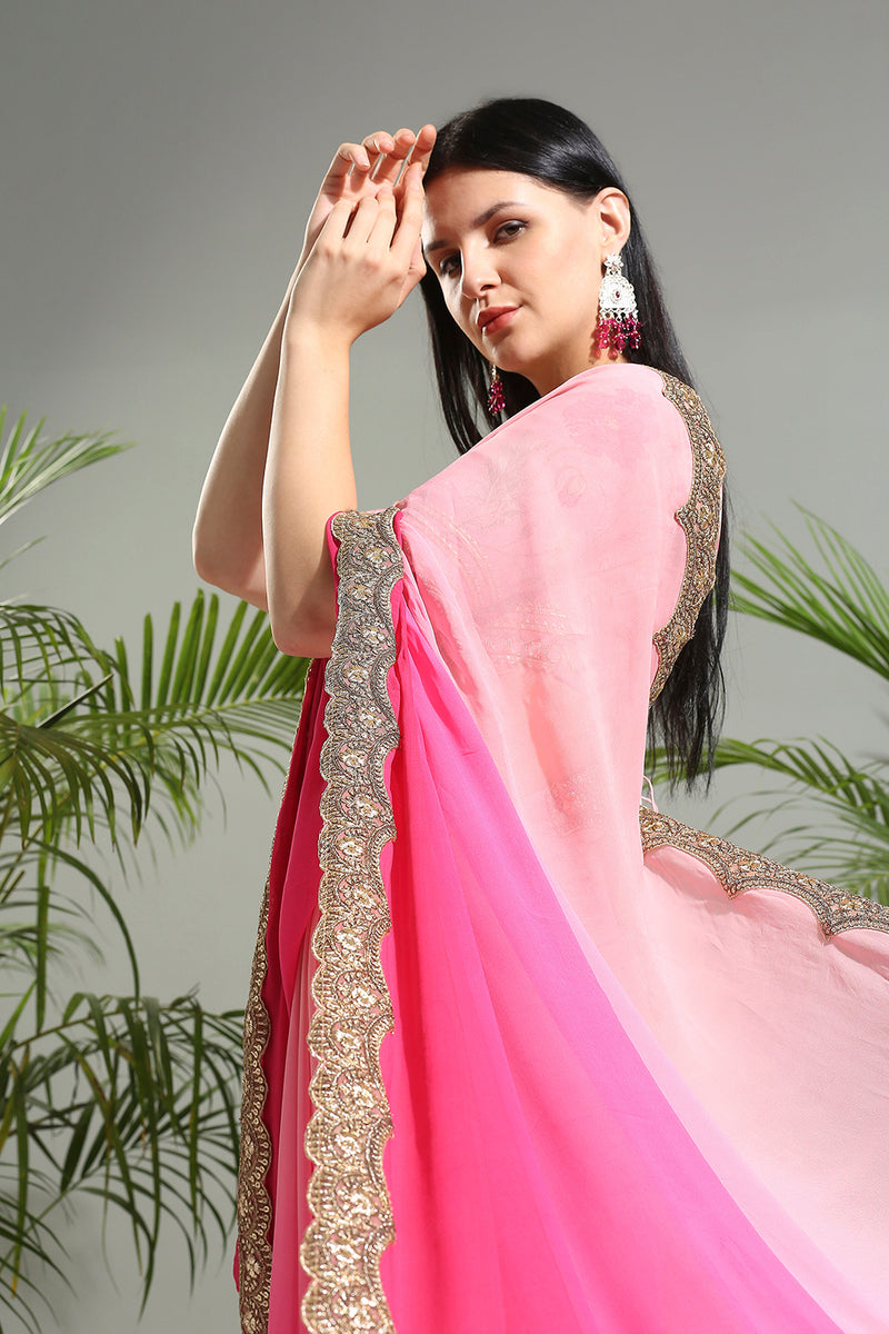 Pink Shaded Saree With Floral Blouse