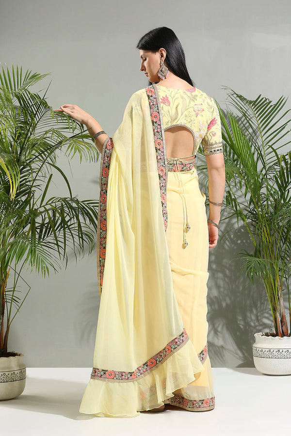 Yellow Saree With Floral Blouse